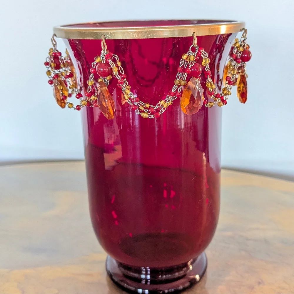 Vintage Exquisite Ruby Satin Glass Dangling Drape Beads Vase Glam Decor Regency